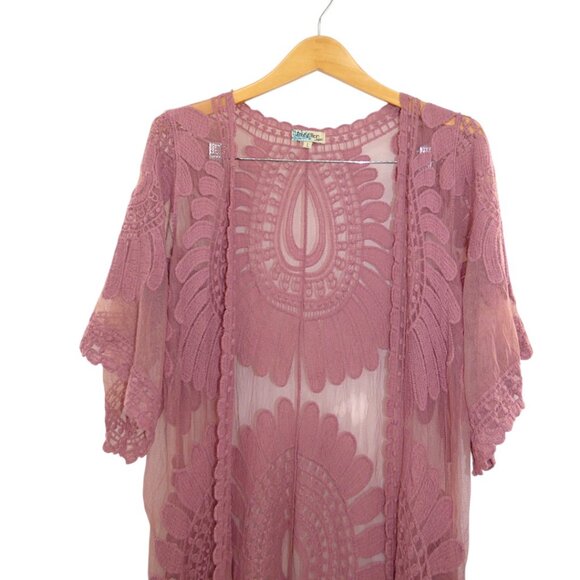 Mauve Boho Sheer Lace Kimono Duster Festival Romantic Beach Cover-Up Size L - Picture 2 of 7